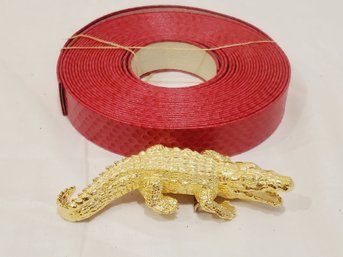 New Old Stock Accessocraft USA Figural Alligator Gold Tone Belt Buckle & Red Belt Making Roll Of Faux Leather