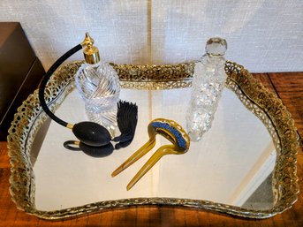 Vintage Mirror With Two Vintage Perfume Bottles And Antique/Vintage Comb With Blue Glitzy Glass Stones