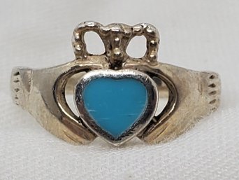 Vintage Sterling Silver Size 6 Irish Claddagh Turquoise Celtic Ring ~ 2.42 Grams