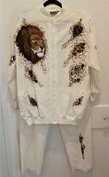 Women's Embellished Lion Themed Cotton Jacket And Pants Suit Size XL