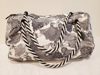 Fantastic Bottega Veneta Italy Black & White Tassel Design Fabric Travel Overnight Duffel Bag