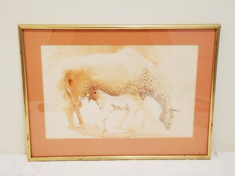 Vintage Signed R. Schneid Horse & Foal Framed Watercolor Painting
