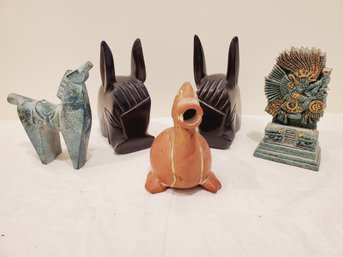 Vintage Lot Mexican Carved Figurines - Wood, Pottery, Metal