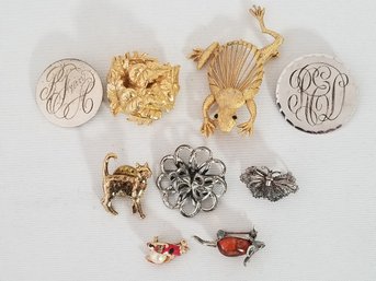 Vintage Pin Brooches: Frog, Cat, Butterfly, Lady Bug, Mouse, BEAU Sterling Silver Theatre Mask & More