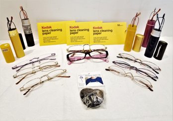 Collection Of Various Strengths Reading Glasses/cases And Kodak Lens Cleaning Paper