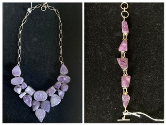 Amethyst Druzy Necklace And Matching Bracelet
