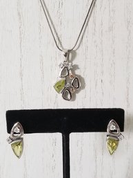 Sterling Silver Multi Semi-precious Gemstones Pendant With Matching Earrings