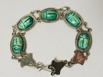Vintage Green Scarab 5-panel Carved  Link Bracelet
