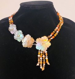 Stunning 2 Rows Champagne Mother Of Pearl Flowers /Carnelian Stones And FW Pearl Beads With Sterling Toggle