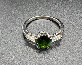 Natural Chrome Diopside, White Zircon Ring In Rhodium Over Sterling