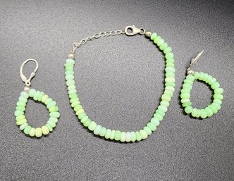 Enhanced Green Opal Beaded Earrings & Bracelet In Platinum Over Sterling