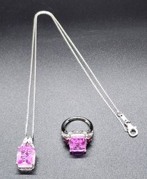 Patroke Quartz, Rhodolite Garnet Ring & Pendant Necklace In Platinum Over Sterling