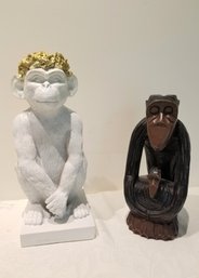 Wood Carved Monkey With Baby And White Resin Monkey Figurines