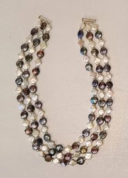 Triple Strand Freshwater Iridescent Blue/Black And White FW Pearl Necklace -