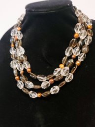 Rock Crystal, Smoky Quartz, Bronze Pearl Three Strand With Sterling Clasp Necklace
