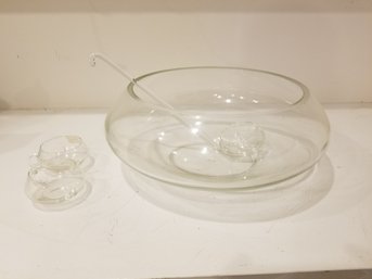 Vintage Mid-century Modern Contemporary Glass Punch Bowl With Cups & Ladle