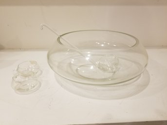 Vintage Mid-century Modern Contemporary Glass Punch Bowl With 20 Cups & Ladle