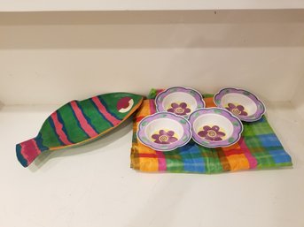 Picnic Assortment - Plastic Bowls, Trays, Papier Mache Fish Bowl, Tablecloth
