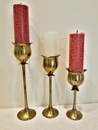 Trio Of Solid Brass Pedestal Candle Holders Made In India