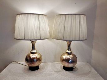 Pair Of Vintage Silver Ginger Jar Style ROBERT ABBY Tri-light Lamps With Pleated Fabric Shade