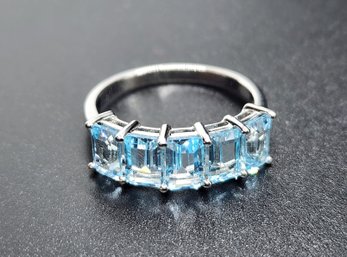 Blue Topaz 5 Stone Ring In Rhodium Over Sterling