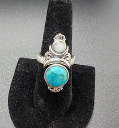 Turquoise & Rainbow Moonstone, Rhodium Over Sterling Celestial Ring