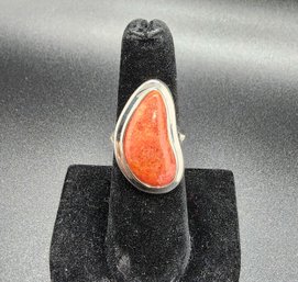 Custom Shape Red Sponge Coral, Rhodium Over Sterling Ring