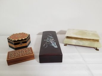 Five Vintage Inlaid Wood & Marble Trinket Boxes