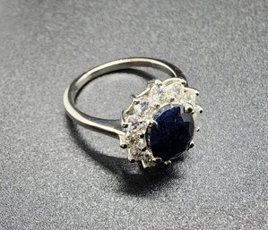 Midnight Sapphire, Moissanite Ring In Platinum Over Sterling