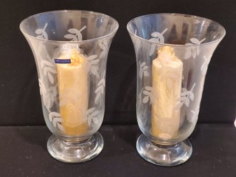 Pair Of Beautiful Villeroy & Boch Large Etched Glass Hurricane Candle Holders With Candles - NEW
