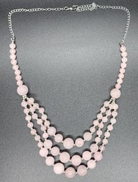 Rose Quartz 3 Row Necklace In Rhodium Over Stainless