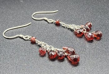 Red Garnet Drop Earrings In Rhodium Over Sterling