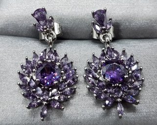 Faux Purple Diamond Floral Earrings In Stainless