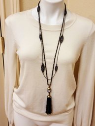Black Beaded Tassel Necklace Paired With Rhinestone Chain Necklace