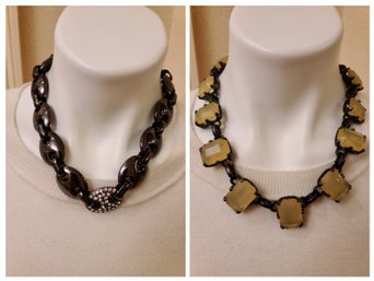 Gold/yellow Stone Necklace Paired With Gunmetal Link Necklace With Rhinestones - Both Costume