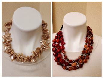 Natural Shell Necklace Paired With Multi Strand Red Howlite, Carnelian And Agate Necklace
