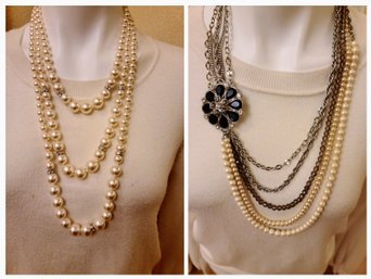 2 Multi Strand Necklaces With Fancy Rhinestine Clasps -costume