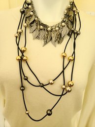 Fun Costume!! Feather Chocker & Triple Strand Leather And Silver And Gd Beads