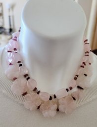 Hand Knotted Rose Quartz W/ Carved Flowers Red Tourmaline And Sterling Silver Cladp