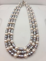 Exceptional Grey / White Cultured Pearls With Crystal And Sterling Clasp