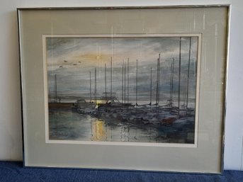 Signed Pencil Sketch & Water Color Docked Boats