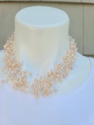 Two Row Peach Freshwater Pearl And Rose Quartz Necklace