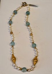 Stunning Pearl And Fluorite Necklace With Yellow Gold Plated Sterling Beads And Clasp