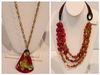 Multi-Strand Howolite, Carnelian & Copper FW Pearls Paired With 1960's Enamel Pendent On Gold Plated Chain