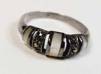 Vintage Sterling Silver Marcasite & Mother Of Pearl Inlay Ring