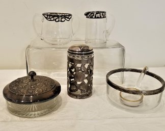 Vintage Silver Overlay/glass Nestle Jar, Covered Candy Dish And Creamer/sugar Bowl