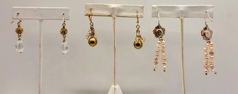 Trio Of Earrings, Crystals, Sterling Backed Pink Freshwaterpearls And Gold Tone Drops