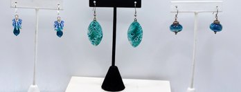 Trio Of Earrings, Colored Art Glass Earrings - 2 Sterling Backs