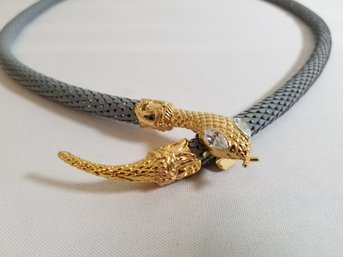 Vintage Snake Belt Necklace Gray Mesh With Gold Tone Snake Head & Tail