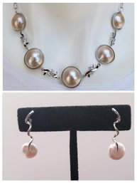 Mabe Pearls With Rhinestones Necklace Paired With Silver Squiggly Drop Freshwater Pearl Earrings